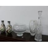 A WEBBS GLASS DECANTER, TWO CUT GLASS VASES AND A PAIR OF POTTERY VASES.