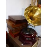 A GRAMOPHONE AND FIVE CUTLERY BOXES.