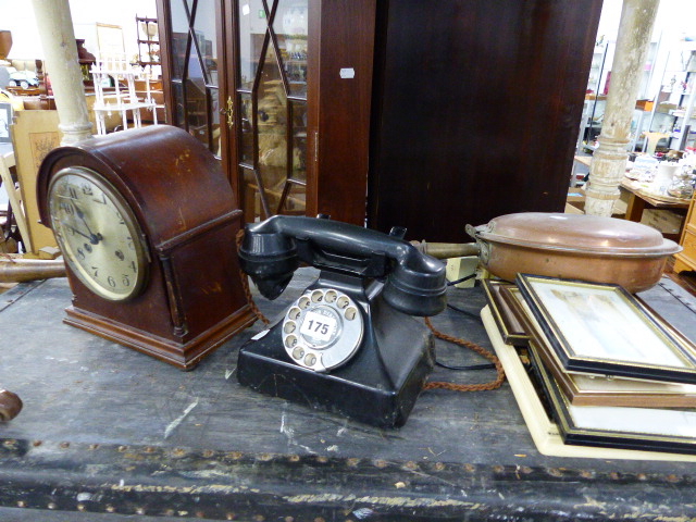 A MANTLE CLOCK. BAKELITE TELEPHONE, A WARMING PAN AND VARIOUS PICTURES.