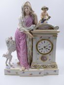 A MEISSEN PORCELAIN CASED MANTLE CLOCK WITH FEMALE FIGURE, CHILD AND DOG. THE CASE AND PLINTH