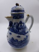 A CHINESE EXPORT BLUE AND WHITE COFFEE POT OF EUROPEAN SHAPE WITH DOME COVER AND LANDSCAPE