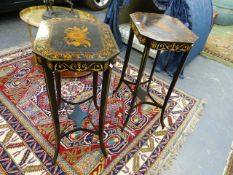 A PAIR OF REGENCY STYLE OCTAGONAL TOP LAMP TABLES DECORATED WITH CLASSICAL MOTIFS WITH SPLAYED