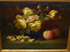 J. MERRY (LATE 19th/EARLY 20th.C.) STILL LIFE OF ROSES AND PEACHES, SIGNED OIL ON CANVAS. 33.5 x