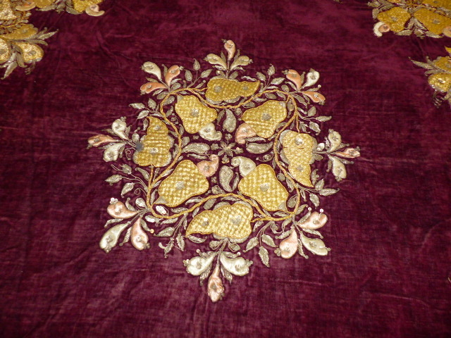 TWO EASTERN EMBROIDERED PANELS, ONE IN METAL THREAD ON A WINE RED GROUND. - Image 4 of 12