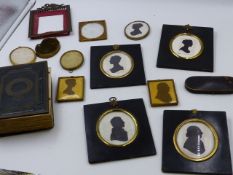 AN ANTIQUE SMALL PHOTO ALBUM , VARIOUS FRAMED SILHOUETTES, PINZ-NEZ,ETC.