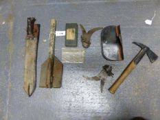 TWO 1917 DATED MARK II WIRE CUTTERS, A FIRE AXE, ENTRENCHING TOOL,ETC.