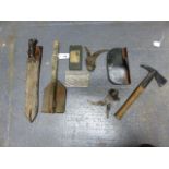 TWO 1917 DATED MARK II WIRE CUTTERS, A FIRE AXE, ENTRENCHING TOOL,ETC.