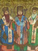 A GREEK ICON DEPICTING ST.BASIL, JOHN CHRYSOSTOM AND GREGORY, PAINTED AND GILT ON WOODEN PANEL. 48 x