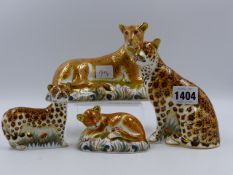 ROYAL CROWN DERBY PAPERWEIGHTS. LEOPARDESS AND LEOPARD CUB, 168/950 AND A LIONESS AND SLEEPY LION