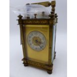 A LATE 19th.C.BRASS CASED FIVE GLASS CARRIAGE CLOCK WITH STRIKE REPEAT, GILT DIAL WITH MATT SILVERED