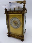 A LATE 19th.C.BRASS CASED FIVE GLASS CARRIAGE CLOCK WITH STRIKE REPEAT, GILT DIAL WITH MATT SILVERED