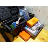 A DRAPER SOCKET SET, CLARKE HYDRAULIC PULLER SET, VARIOUS TAP AND DIE SETS, A TOOL BOX, SPANNERS,