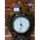 A VICTORIAN CAST IRON CASED WALL CLOCK/BAROMETER THERMOMETER ON OAK BACKBOARD SIGNED J J