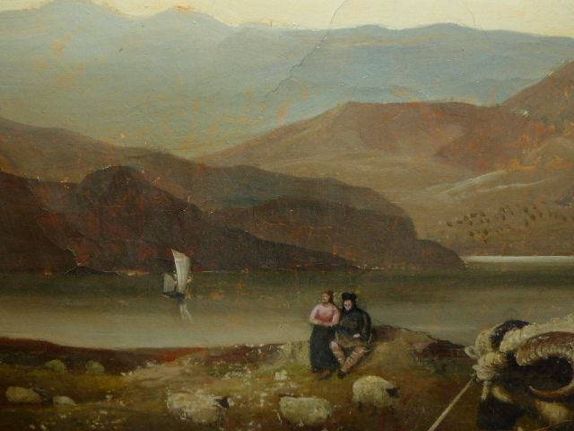 BRITISH NAIVE SCHOOL. SHEEPDOGS, SHEEP AND FIGURES IN A MOUNTAIN LANDSCAPE, OIL ON CANVAS. 48.5 x - Image 14 of 15