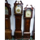 AN 18th.C.MAHOGANY CASED LONG CASE CLOCK WITH 12" BRASS ARCH TOP DIAL WITH PAINTED PANEL, DIAL