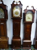 AN 18th.C.MAHOGANY CASED LONG CASE CLOCK WITH 12" BRASS ARCH TOP DIAL WITH PAINTED PANEL, DIAL