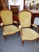 A PAIR OF FRENCH CARVED OAK 19th.C.LOUIS XV STYLE LARGE ARMCHAIRS WITH FOLIATE AND SCROLL