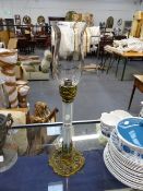 A VICTORIAN OPALESCENT GLASS BRASS MOUNTED LAMP WITH STORM SHADE. OVERALL H.58cms.