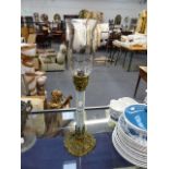 A VICTORIAN OPALESCENT GLASS BRASS MOUNTED LAMP WITH STORM SHADE. OVERALL H.58cms.