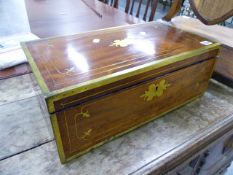 A LATE GEORGIAN MAHOGANY BRASS BOUND CAMPAIGN TYPE WRITING BOX. W.50cms.