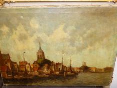 19th/20th.C.CONTINENTAL SCHOOL. TOWN WITH BOATS ON A RIVER INDISTINCTLY SIGNED, OIL ON CANVAS. 49.