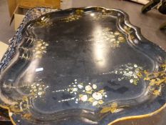 A 19th.C.PAPIER MACHE LARGE TRAY, BOWLING WOODS, A CARVED OAK PANEL, COPPER TRAY,ETC. ALL IN A