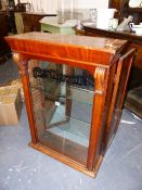 A MAHOGANY VICTORIAN SHOP DISPLAY CABINET WITH MIRROR BACKED DOORS, ENCLOSING SLIDING SHELVES. H.