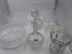 A PAIR OF CUT GLASS DECANTERS, A CUT GLASS POWDER JAR AND COVER, TWO FRUIT BOWLS AND OTHER ITEMS