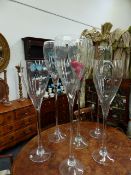 THREE PAIRS OF TALL CLEAR GLASS VASES OF WINE GLASS FORM. LARGEST H.118cms.