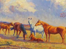 A G DEACON (20th.C.) (ARR) HORSES GRAZING IN A LANDSCAPE, SIGNED AND DATED 1965, OIL ON BOARD. 30