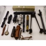 A BOX OF VARIOUS TELESCOPIC SIGHTS, SPOTTING SCOPE, BIPOD,ETC.