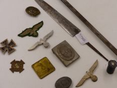 A DAMASCUS SS DAGGER BLADE BY EICKHORN TOGETHER WITH A WORN POLICE SWORD AND VARIOUS THIRD REICH