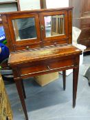 A 19th.C. CONTINENTAL MAHOGANY AND BRASS INLAID SMALL WRITING DESK WITH FOLD OVER TOP SURMOUNTED