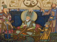 INDO PERSIAN SCHOOL. A COURTLY FIGURE WITH A HOOKAH PIPE FLANKED BY ATTENDANTS, WATERCOLOUR ON