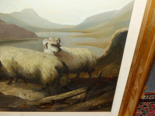 BRITISH NAIVE SCHOOL. SHEEPDOGS, SHEEP AND FIGURES IN A MOUNTAIN LANDSCAPE, OIL ON CANVAS. 48.5 x - Image 10 of 15