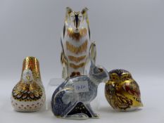 ROYAL CROWN DERBY PAPERWEIGHTS. ROUGH COLLIE, STAR LIGHT HARE, LITTLE OWL AND TURTLE DOVE. (4)