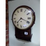 A GOOD LATE GEORGIAN MAHOGANY AND BRASS STRUNG CASED DROP DIAL WALL CLOCK WITH 8" CONVEX PAINTED