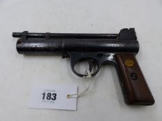 A WEBLEY AIR PISTOL MARK I, SERIAL NUMBER 21033, WOODEN GRIPS WITH WINGED PELLET EMBLEM.