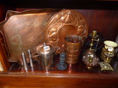 AN INTERESTING GROUP OF ARTS AND CRAFTS METALWARES TO INCLUDE TWO TRAYS, CANDLESTICKS, A PLATED