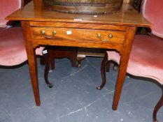 A COUNTRY ELM SIDE TABLE WITH SINGLE FRIEZE DRAWER, THE TOP 76 x 58cms, H.69cms