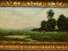 R VANDEN BRUGGER (EARLY 20th.C.) CATTLE IN A LANDSCAPE, SIGNED OIL ON CANVAS. 33 x 61cms.