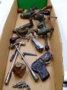 THREE VARIOUS CARTRIDGE RELOADING TOOLS, NIPPLE KEYS, POCKET KNIFE, TOY PISTOLS,ETC.