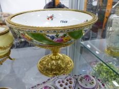 A MEISSEN BOWL WITH GREEN SWIRL DESIGNS WITH BANDINGS OF FLOWERS, GILT METAL MOUNTS AND STAND. Dia.