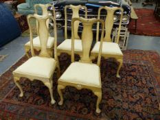 A SET OF FIVE GEO.I STYLE DINING CHAIRS ON CABRIOLE LEGS AND WITH PAINT DECORATION.