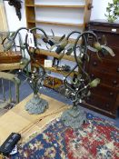 A PAIR OF VINTAGE FRENCH PATINATED BRASS TABLE LAMPS IN THE FORM OF ENTWINED MISTLETOE.