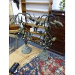 A PAIR OF VINTAGE FRENCH PATINATED BRASS TABLE LAMPS IN THE FORM OF ENTWINED MISTLETOE.