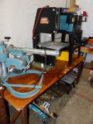 A CLARKE 10" TABLE SAW, A WORKMATE TYPE BENCH, A DEWALT BANDSAW, JCB POWER PLANER, DEWALT ADJUSTABLE