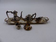 A HALLMARKED SILVER MINIATURE COFFEE/TEA SET, COMPRISING OF SIX PIECES. DATED 1951, BIRMINGHAM.