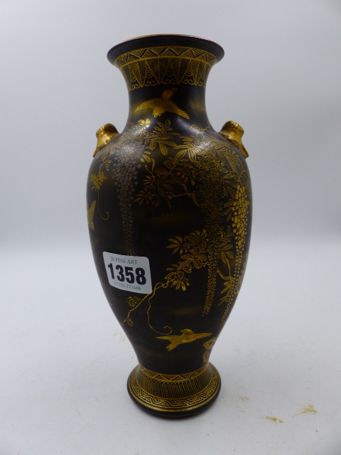 A JAPANESE SATSUMA BALUSTER VASE BY YAKI HODODA WITH GILT BIRD AND WISTERIA DECORATION SIGNED IN