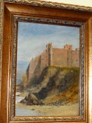 A 20th.C.OIL ON BOARD OF A RUINED CASTLE ON A CLIFF TOP. 27 x 20cms.